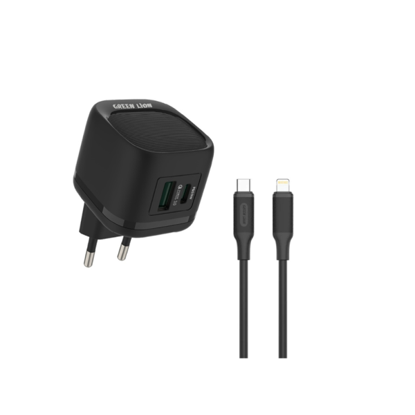 Green Lion PD20W+QC Wall Charger With USB-C To Lightning Cable – Black