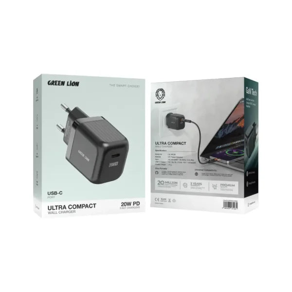 Green Lion Ultra Compact GaN Wall Charger EU Pin USB-C 20W – Black