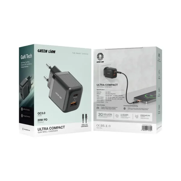 Green Lion Ultra Compact GaN Wall Charger EU Pin A+C 20W – Black