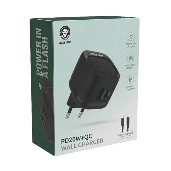Green Lion PD20W+QC Wall Charger With USB-C To Lightning Cable – Black